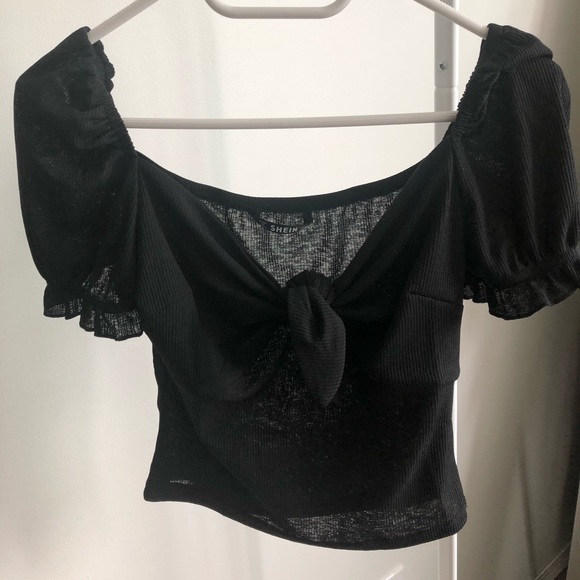 SHEIN Ruffle Cuff Tie Neck Rib-Knit Tee - Picture 2 of 3